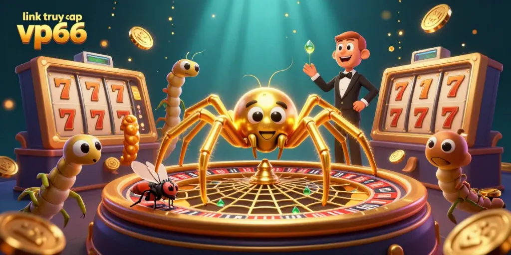 Engaging scene showcasing a golden spider spinning a roulette wheel web at link truy cập vp66, with slots and gold coins.