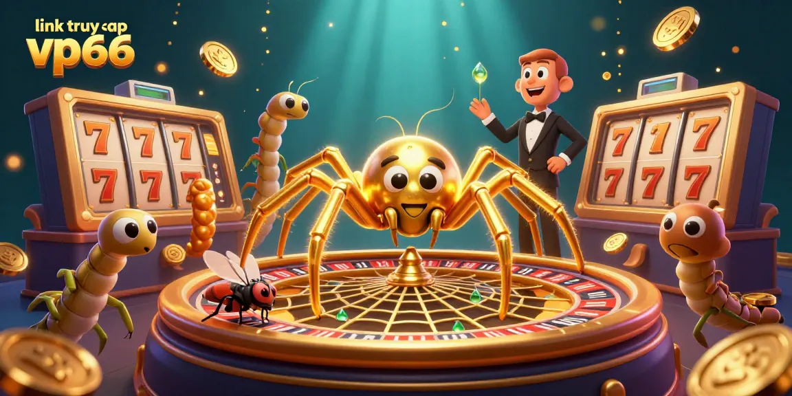 Engaging scene showcasing a golden spider spinning a roulette wheel web at link truy cập vp66, with slots and gold coins.