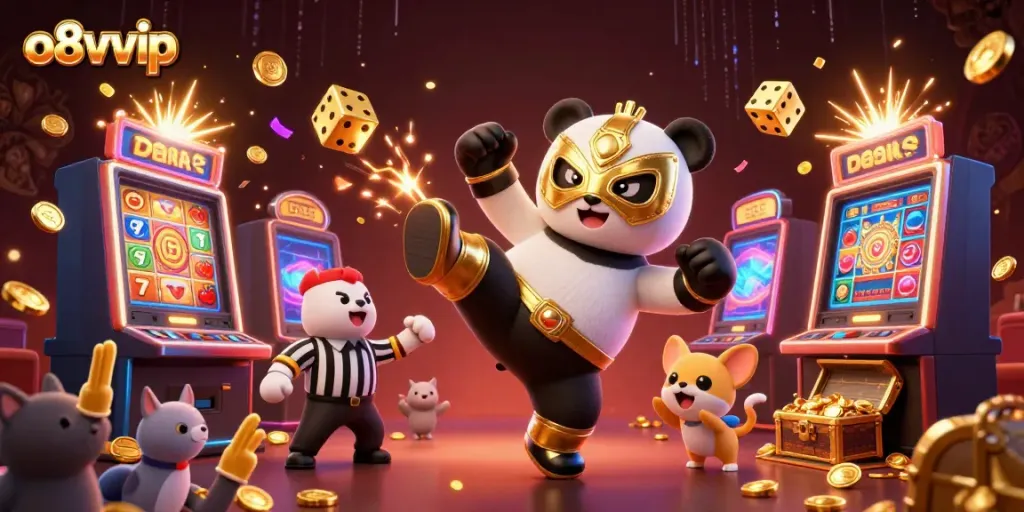 Experience thrilling action at o8vvip with a panda wrestler, exciting slots, and lively spectators!