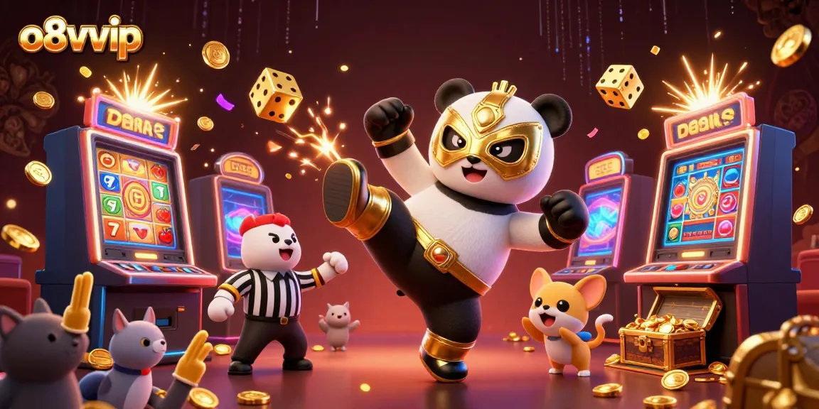 Experience thrilling action at o8vvip with a panda wrestler, exciting slots, and lively spectators!