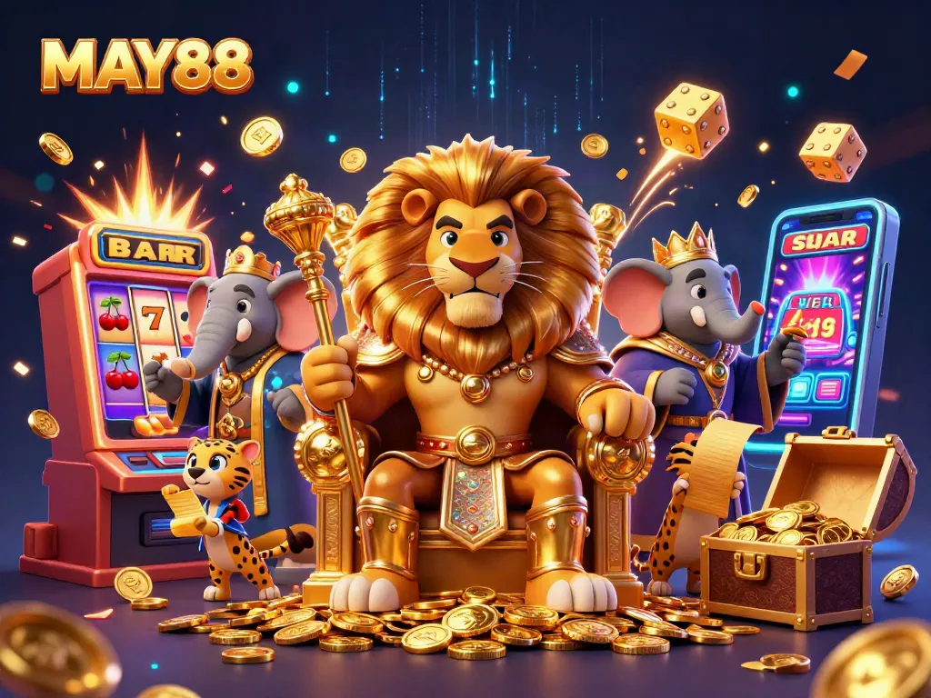 MAY88 brings thrilling slot machine action with a fierce lion king and dynamic casino elements.