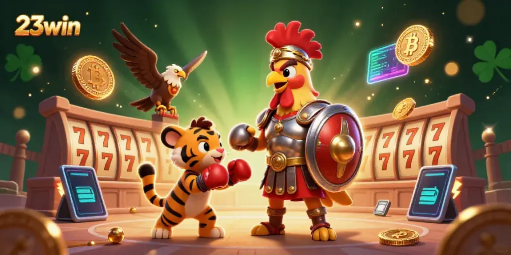 Engage in thrilling action at 23win with a vibrant 3D illustration showcasing casino elements.