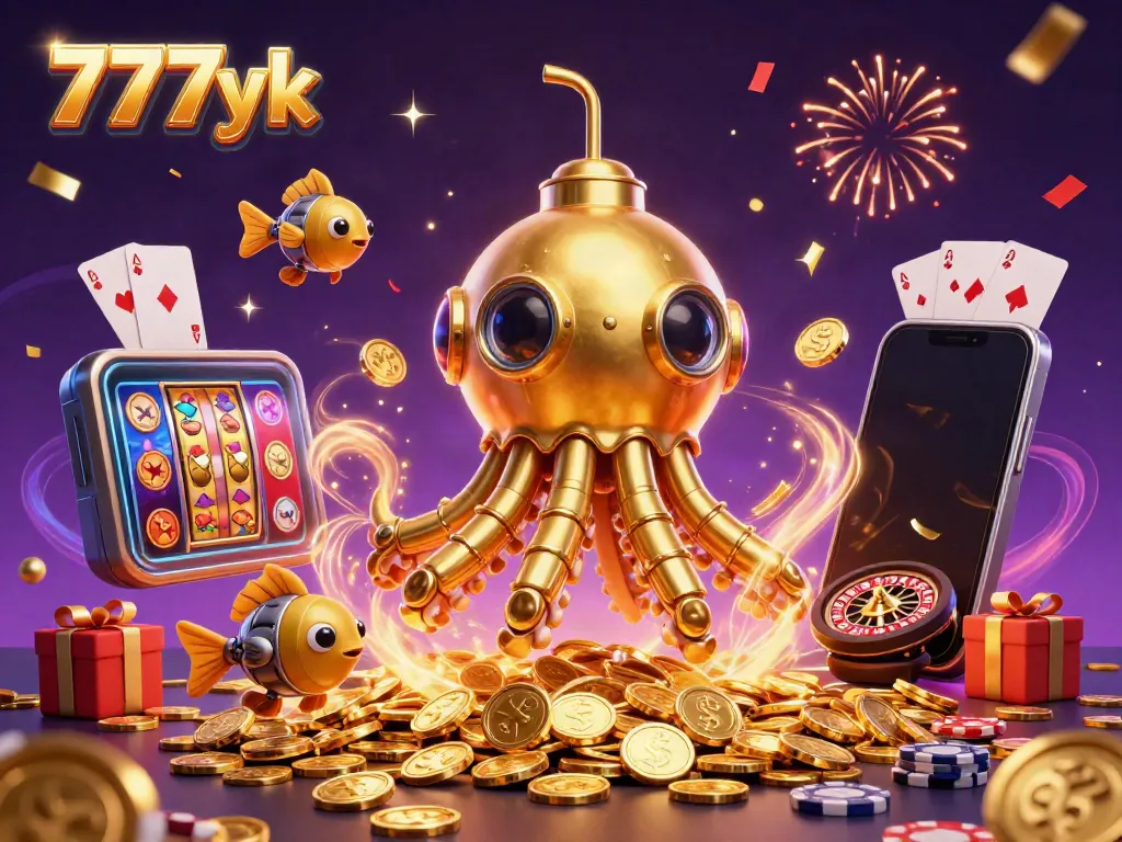 Experience the thrill of 777yk with a golden kraken submarine and dynamic gaming elements in a vibrant setting.