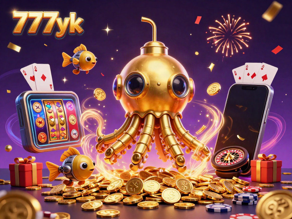 Experience the thrill of 777yk with a golden kraken submarine and dynamic gaming elements in a vibrant setting.