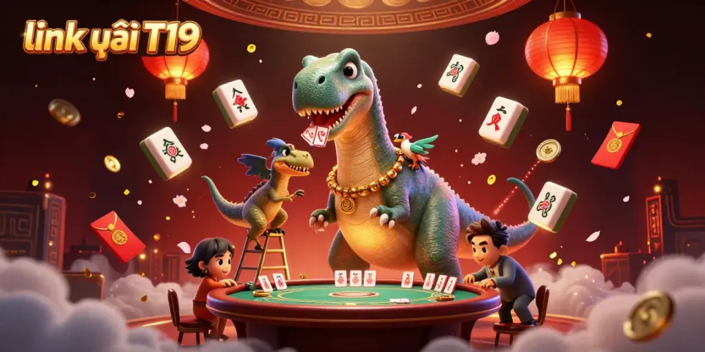 Engage with the exciting link vào T19 through a dynamic 3D scene featuring a brontosaurus and raptor in a casino setup.