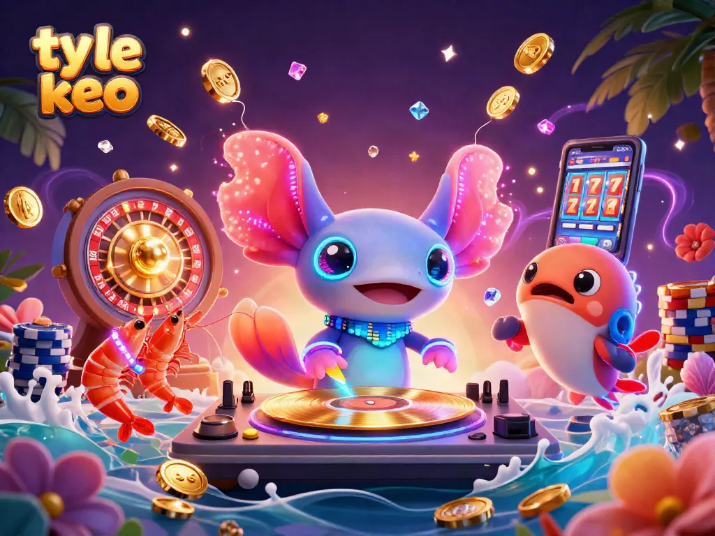 Bets soar with ty le keo as an axolotl DJ spins vibrant casino action in a dazzling underwater scene.