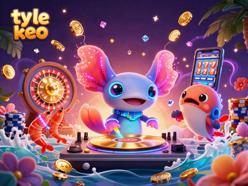 Bets soar with ty le keo as an axolotl DJ spins vibrant casino action in a dazzling underwater scene.