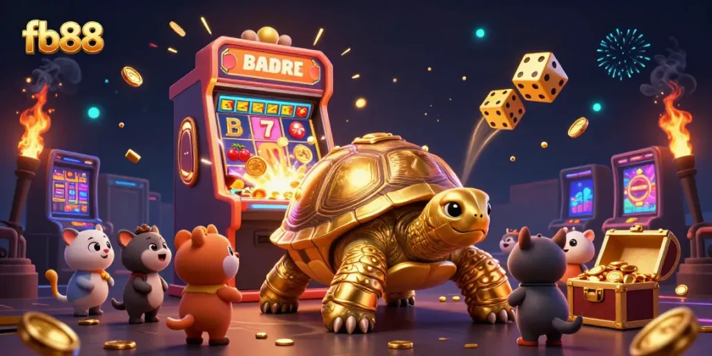 Play exciting games at fb88 with the colossal golden tortoise in a jackpot scene.