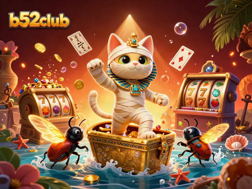 Experience vibrant gameplay with b52clubb’s cartoon Egyptian mummy cat and exciting slot elements.
