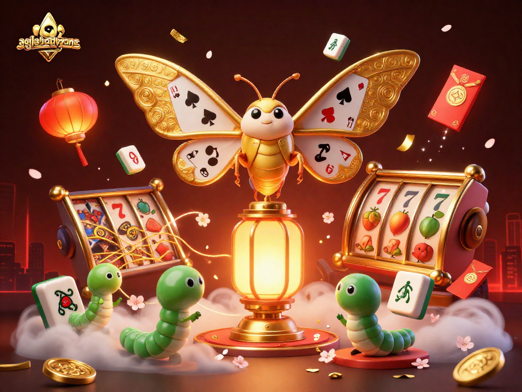Engage with agilebodyzone's vibrant casino world, featuring rich 3D illustrations of moths, slot reels, and festive elements.