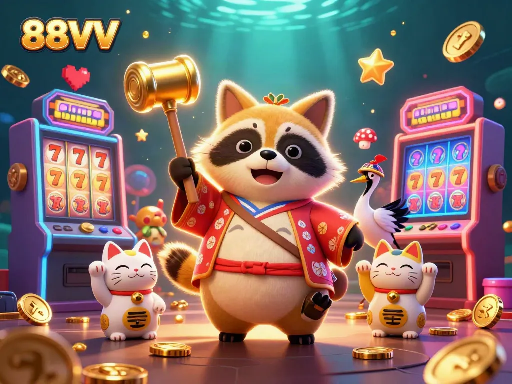 Experience the vibrant gaming scene with 88VV’s cheerful characters amidst colorful slot machines and sparkling coins.