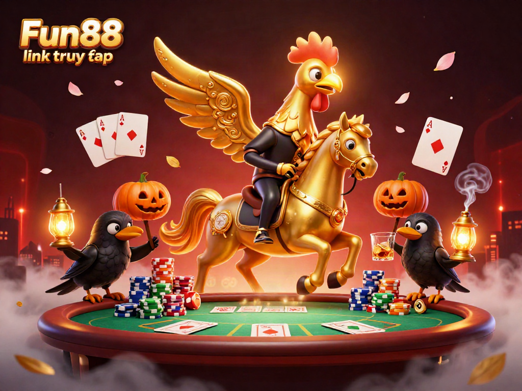 Experience the excitement of Fun88 link truy cập with a vibrant casino scene featuring a golden rooster and poker elements.