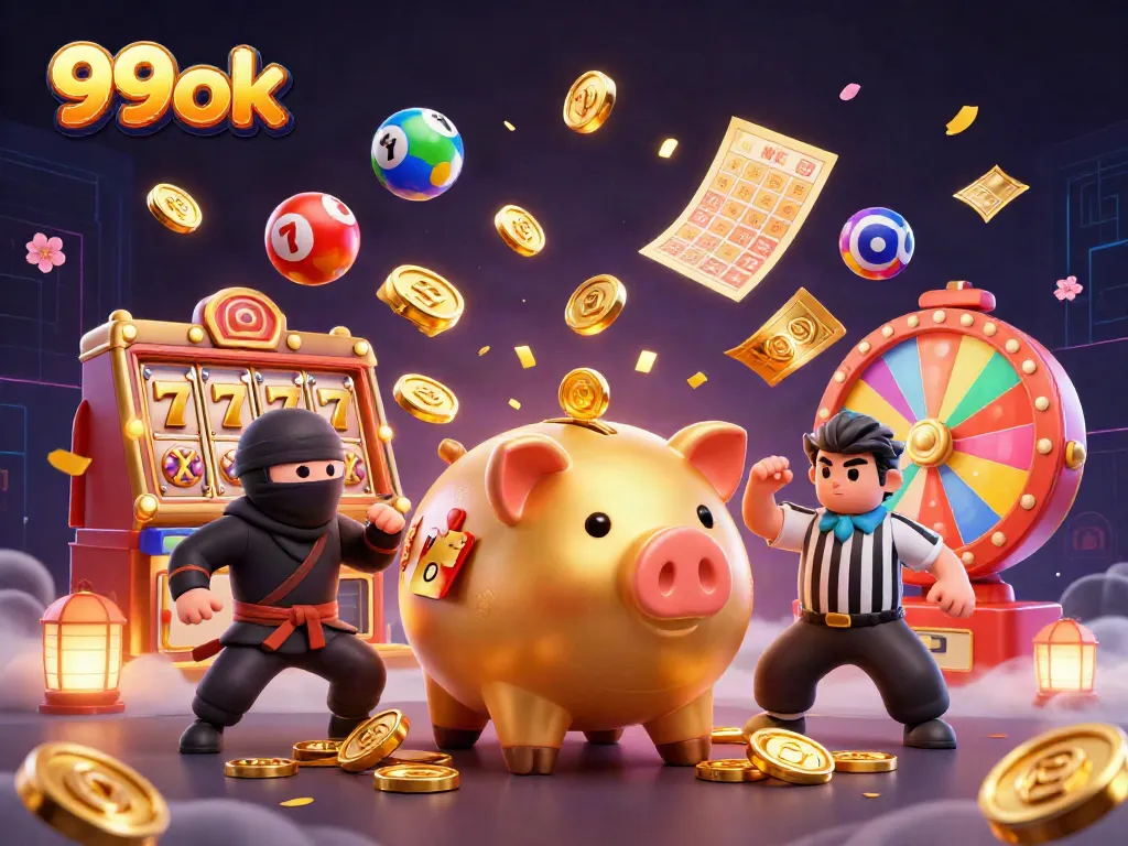 Engage with the dynamic excitement of 99ok featuring a golden piggy bank and vibrant casino elements