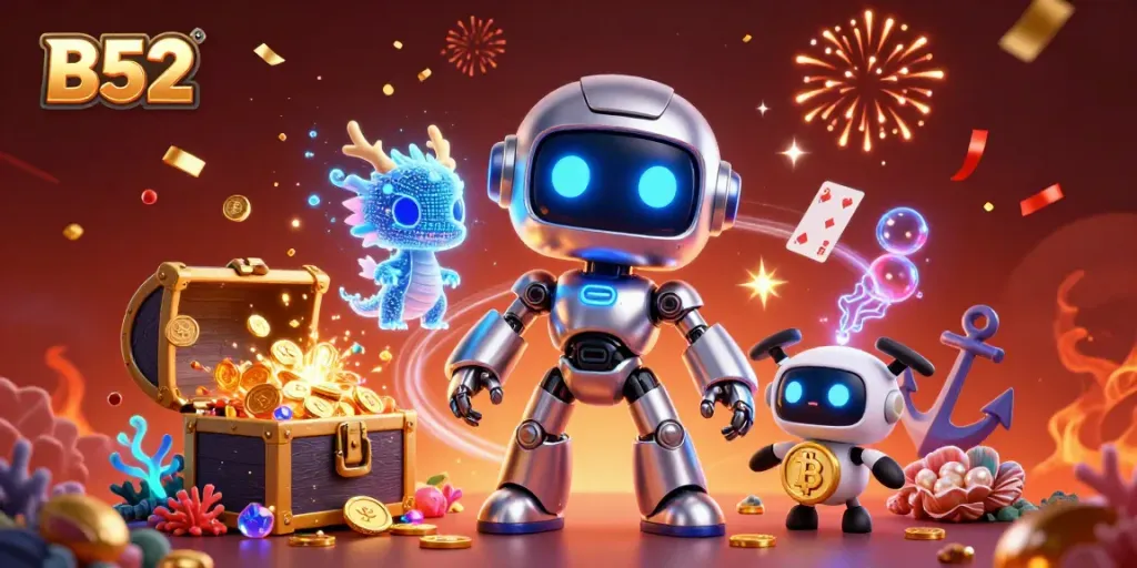 Win big with B52 in this vibrant 3D casino illustration featuring cyberpunk characters amidst treasure.