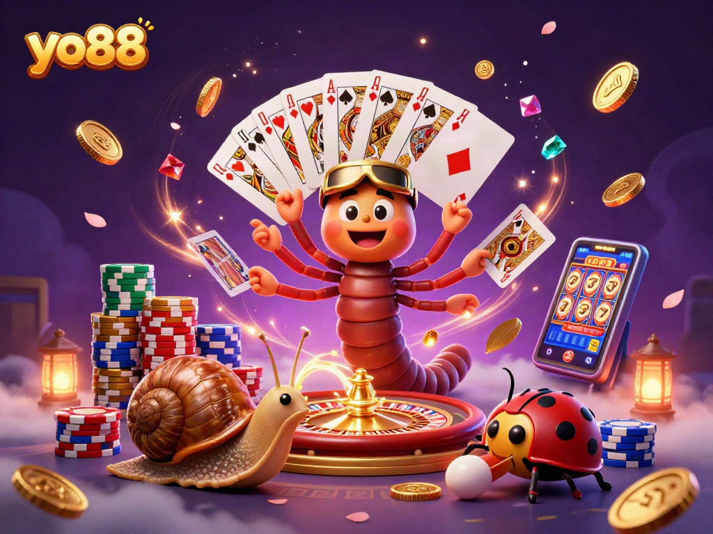 Experience lively gaming action with yo88 at this vibrant casino illustration featuring interactive characters.