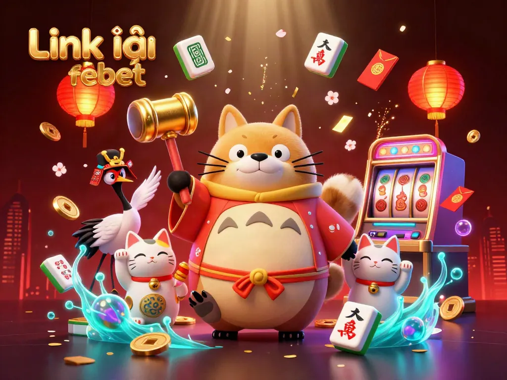 Experience the thrill at Link vào febet with vibrant 3D gambling illustration featuring festive characters and slot machines.