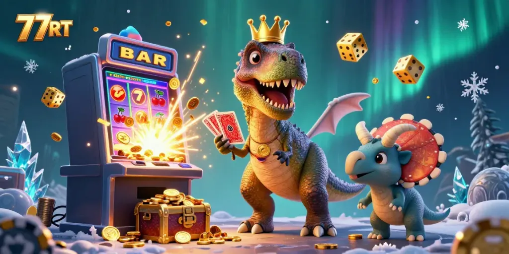 Experience the fun of 77RT with a friendly T-Rex shuffling cards and a baby triceratops stacking chips in a vibrant casino scene.
