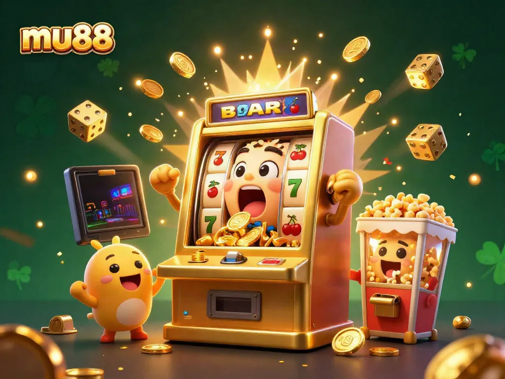 Experience the excitement of mu88 with jackpot-winning slot machines showering coins, surrounded by vibrant casino elements.