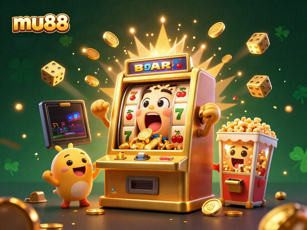Experience the excitement of mu88 with jackpot-winning slot machines showering coins, surrounded by vibrant casino elements.