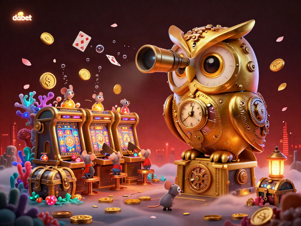 Dabet showcases a bustling online casino scene with a golden owl and animated mice amidst glamorous games.