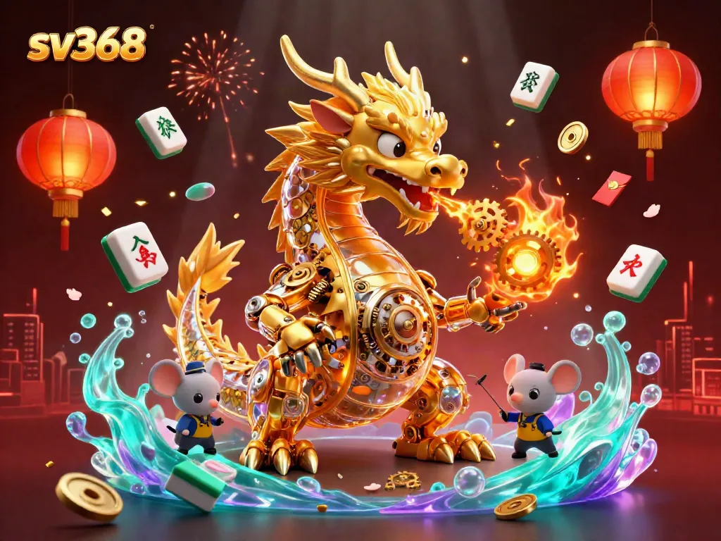 Experience the action at sv368 with a golden dragon, engineer, and vibrant casino elements.