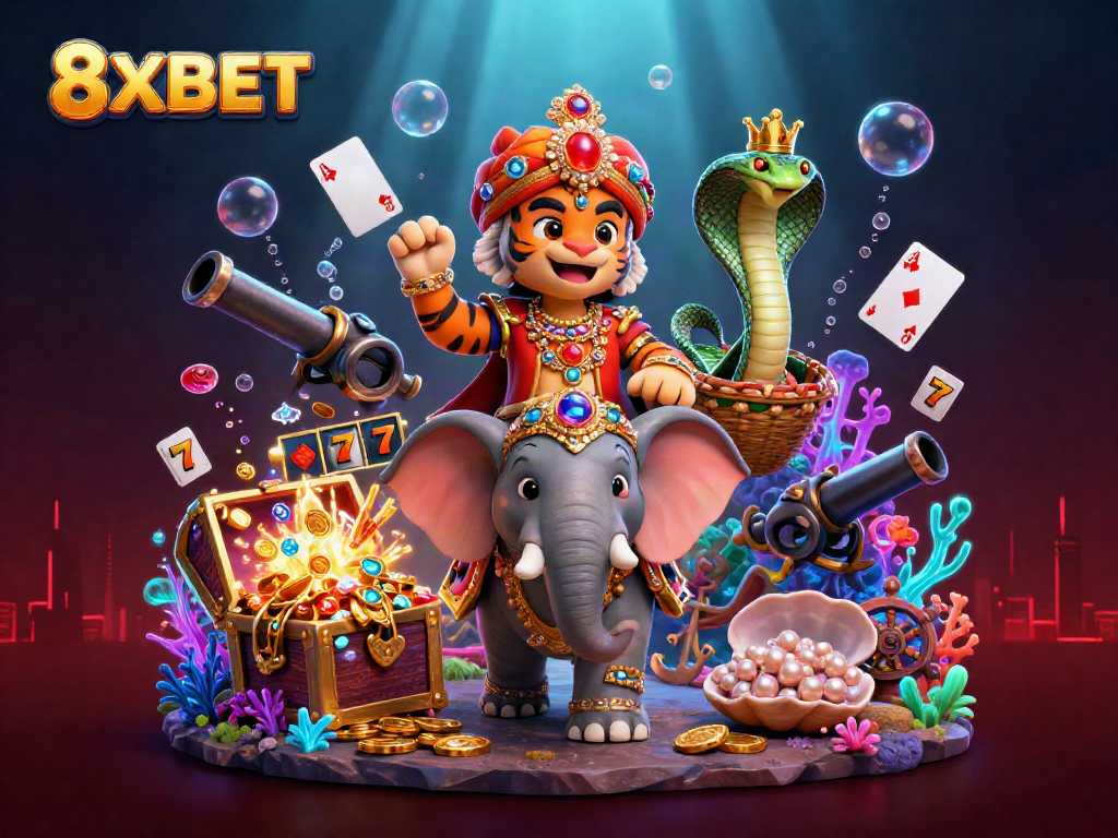 Thrilling 8XBET scene featuring a jewelled elephant, maharaja tiger, and underwater treasures.