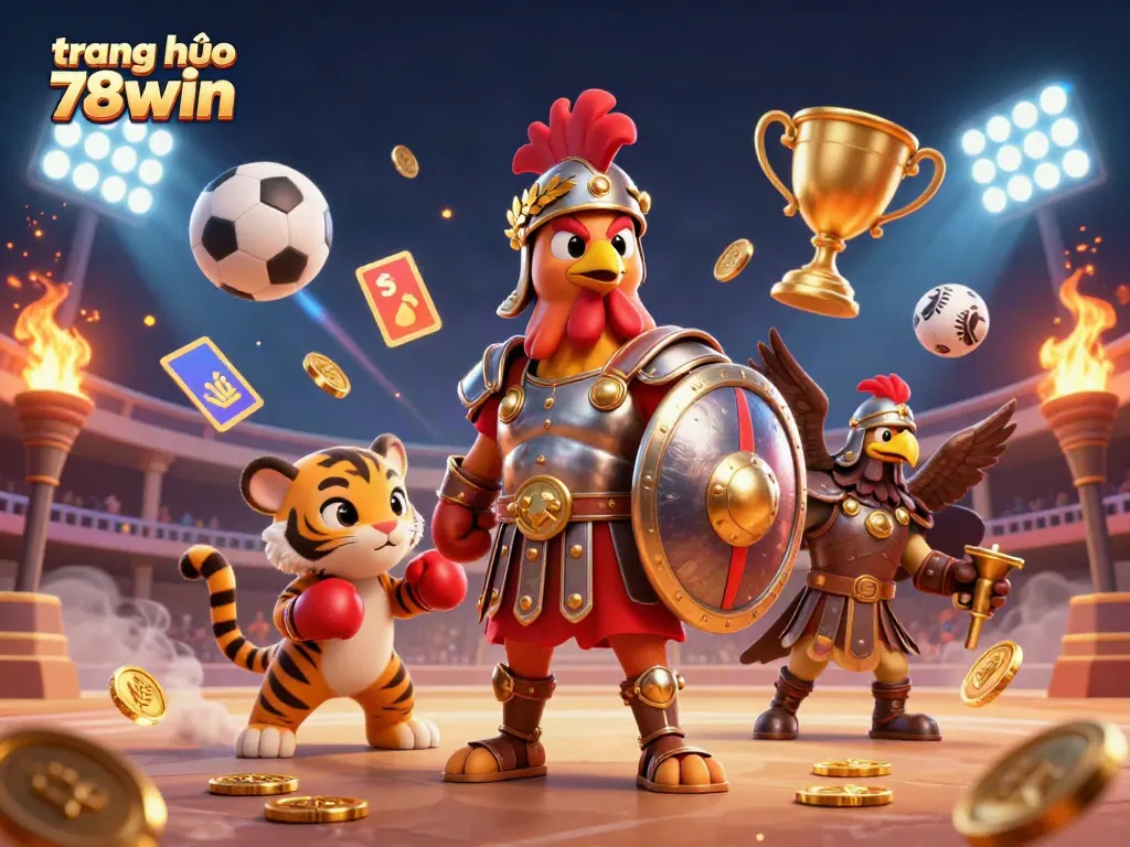 Experience the excitement of trang chủ 78win with a vibrant casino-themed arena illustration featuring 3D characters and sports elements.