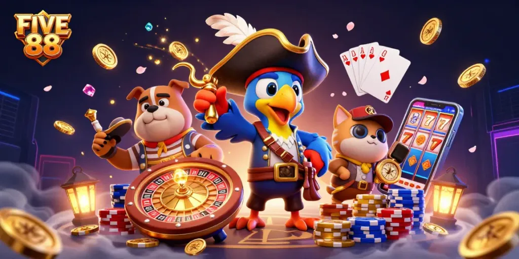 Experience winning moments with FIVE 88 in a vibrant casino scene filled with excitement.