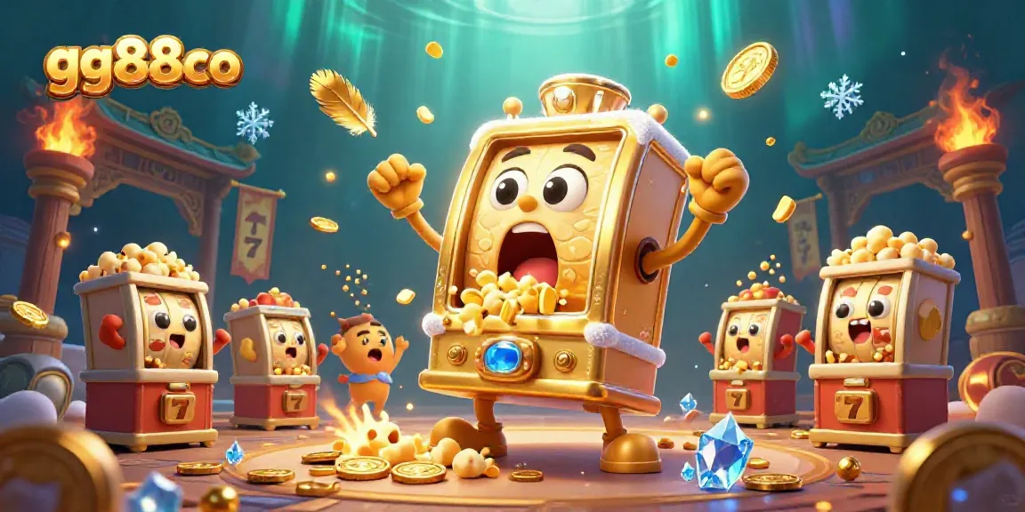 A lively illustration of the gg88co golden slot machine hitting a jackpot, with cheering baby machines and golden coins.