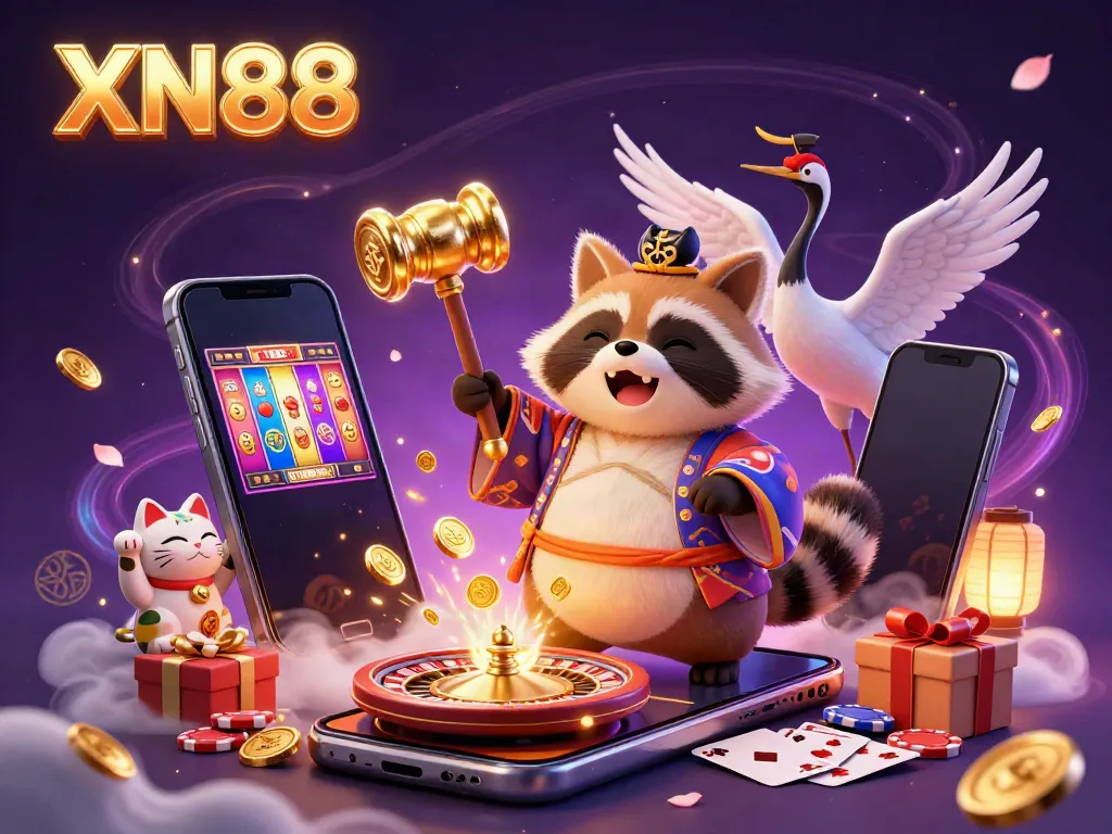 XN88 showcases a vibrant 3D scene of a cheerful tanuki, colorful slot games, and lucky maneki-neko symbols.