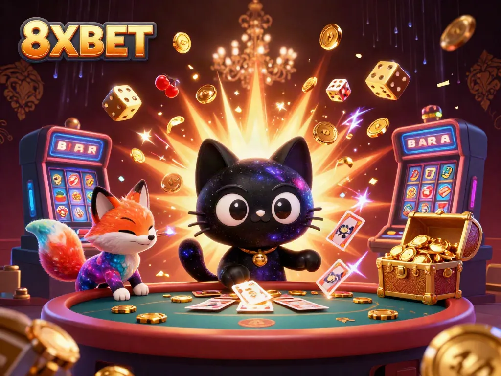 Play thrilling games at 8XBET with a black hole cat and colorful fox amidst a cosmic casino.