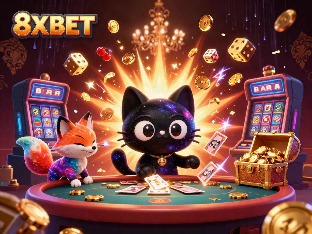 Play thrilling games at 8XBET with a black hole cat and colorful fox amidst a cosmic casino.