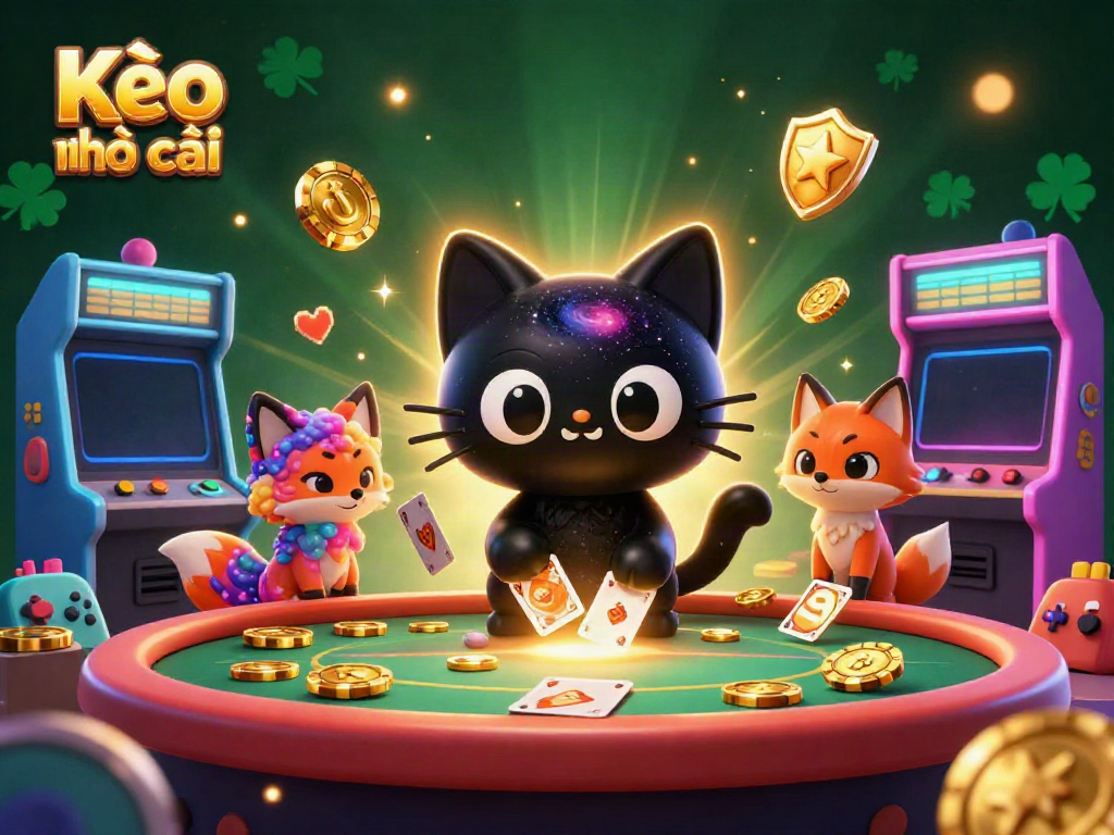 Kèo nhà cái vibrant scene featuring cartoon characters attracting golden casino chips