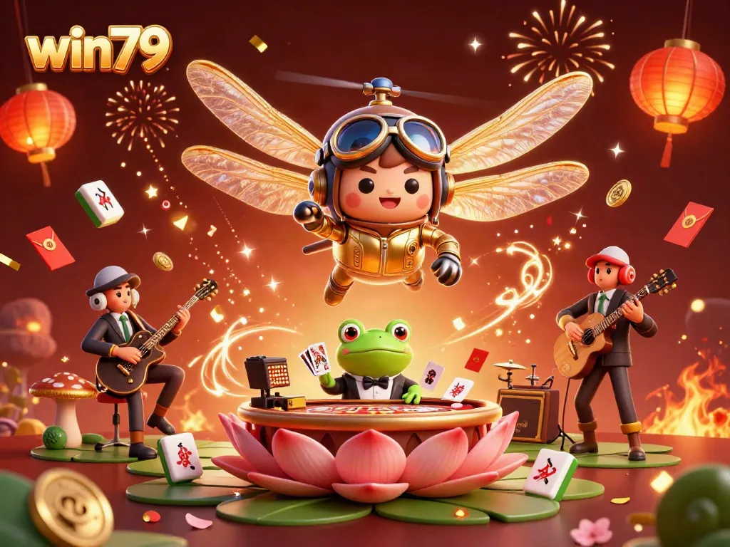 Experience the thrill of win79 at a lively lily pad casino, complete with vibrant characters and festive elements.