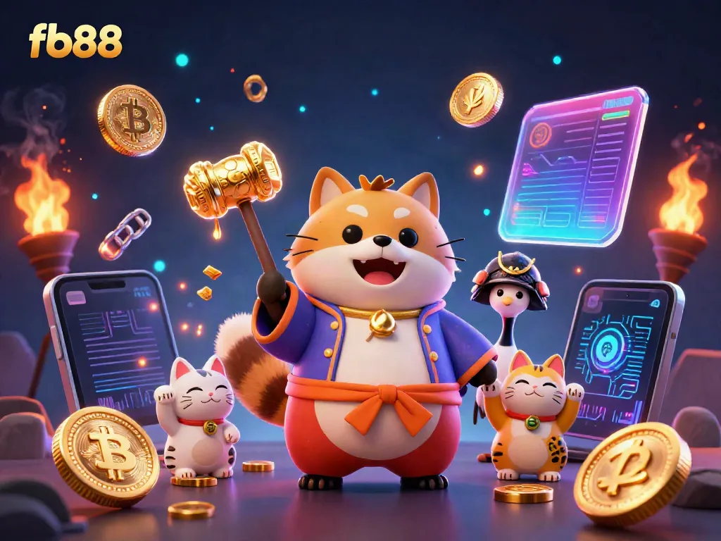 Experience the fun of fb88 with a cheerful tanuki in a festive scene, surrounded by crypto elements.