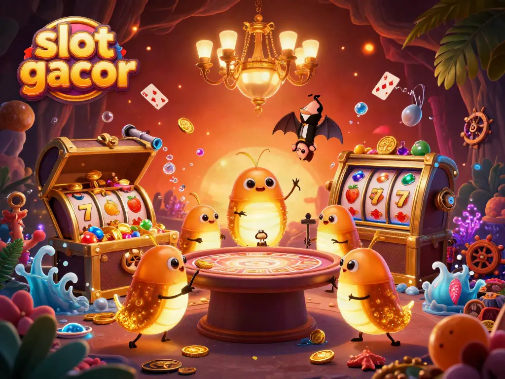 Engaging illustration of a vibrant casino scene with 'slot gacor' visual elements depicting animated glowworms and aquatic treasures.