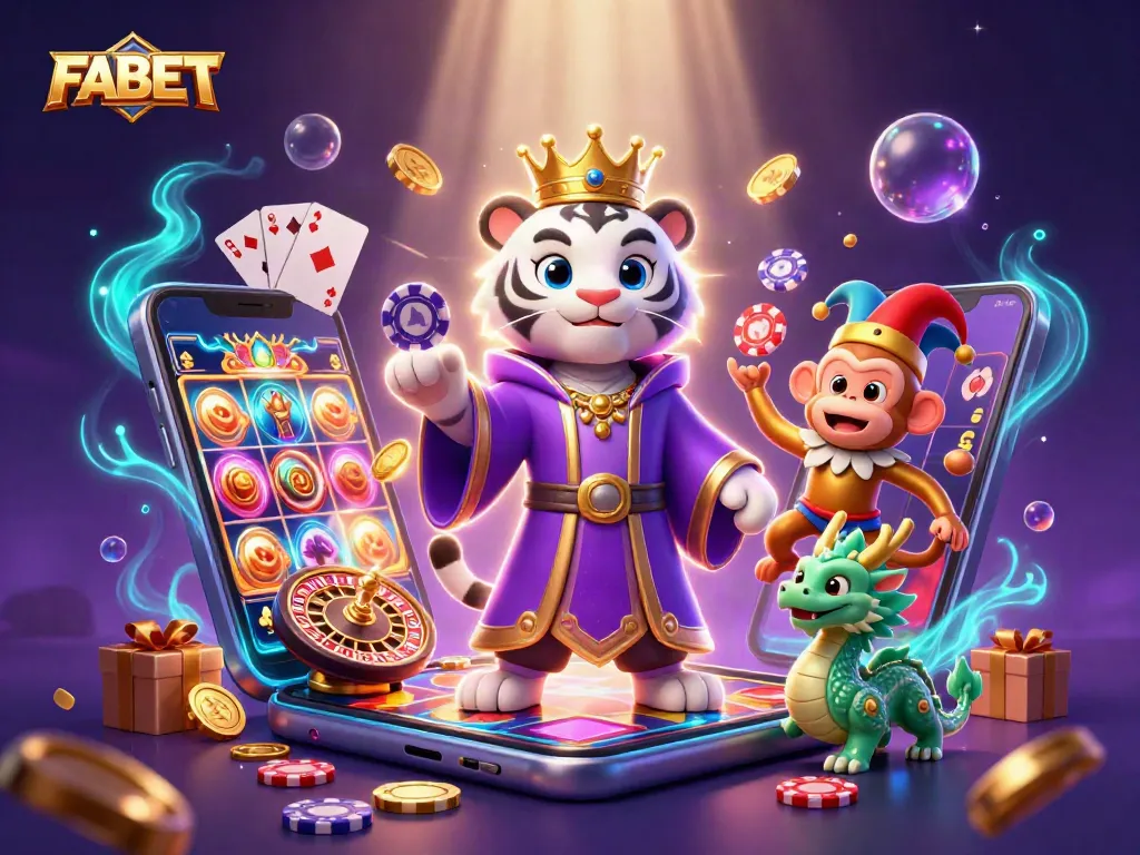 Engage with FABET's vibrant casino experience featuring a dynamic scene with animated characters, slot games, and rich gaming elements.