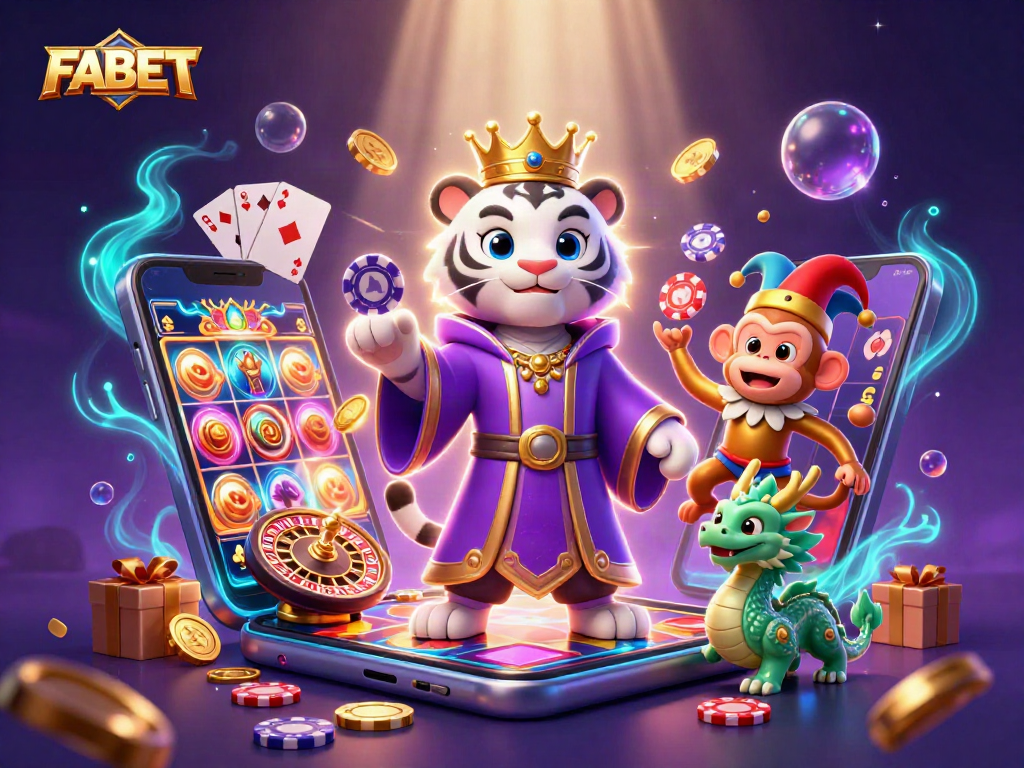 Engage with FABET's vibrant casino experience featuring a dynamic scene with animated characters, slot games, and rich gaming elements.