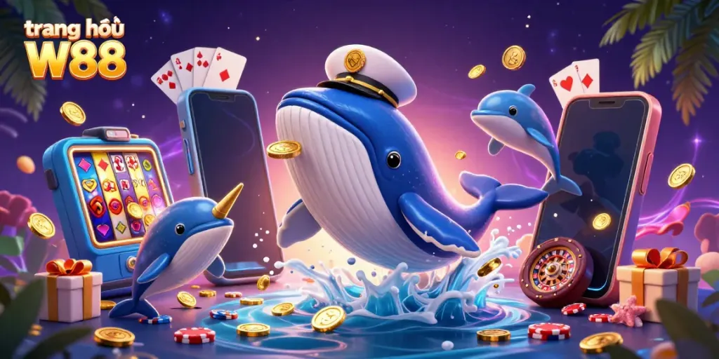 Experience thrilling gameplay with the giant whale and friends on trang chủ W88, delivering a captivating gambling adventure.