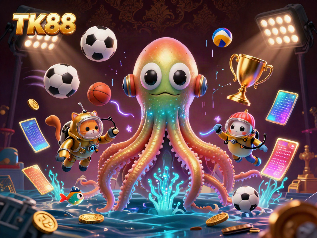 Bet on exciting games at TK88 with vibrant 3D elements showcasing massive kraken, diving cat, and more.