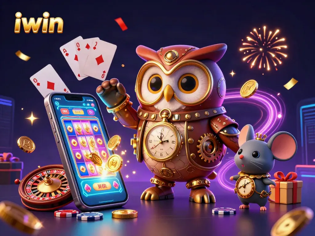 Spin the reels and win with iwin's vibrant casino-themed 3D illustration featuring an owl and poker elements.