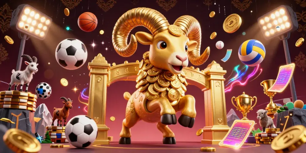 Engage with Tải Go88 through vibrant casino-themed 3D illustration of a golden ram charging at a majestic gate.