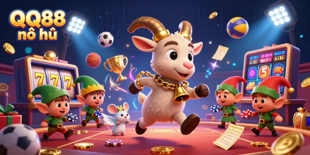 Experience thrilling gameplay with QQ88 nổ hũ, featuring a festive casino scene filled with dynamic characters and vibrant elements.