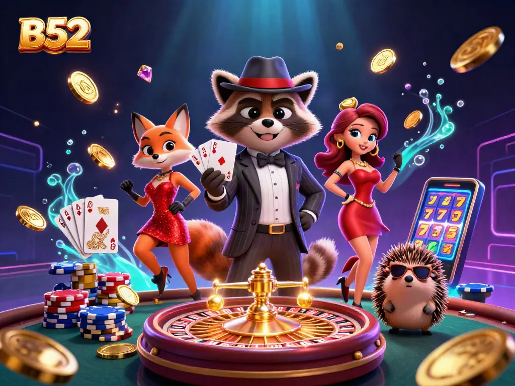 Experience B52 games with a charming raccoon holding a royal flush amidst dazzling casino elements.
