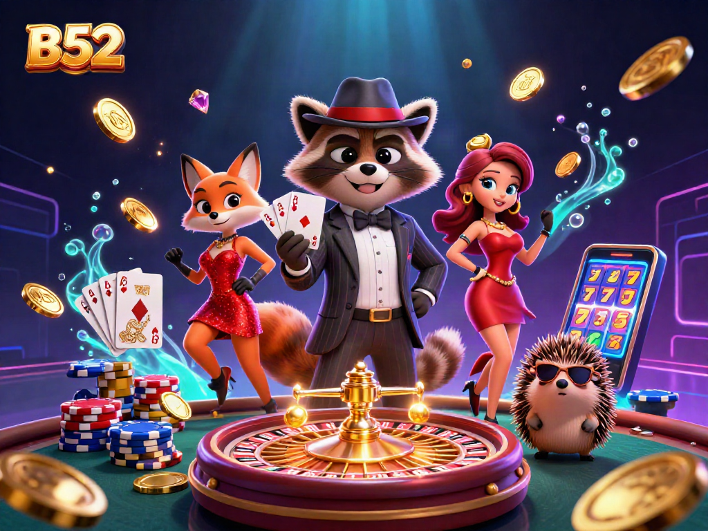 Experience B52 games with a charming raccoon holding a royal flush amidst dazzling casino elements.