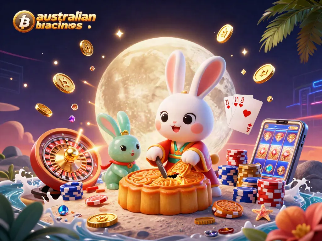 Spin at australian bitcoin casinos with a lively 3D moon rabbit rejoicing in crypto wins!