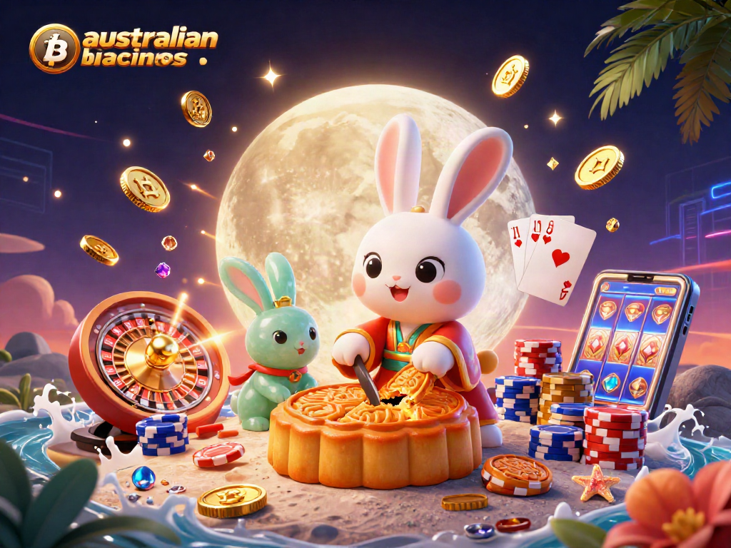 Spin at australian bitcoin casinos with a lively 3D moon rabbit rejoicing in crypto wins!