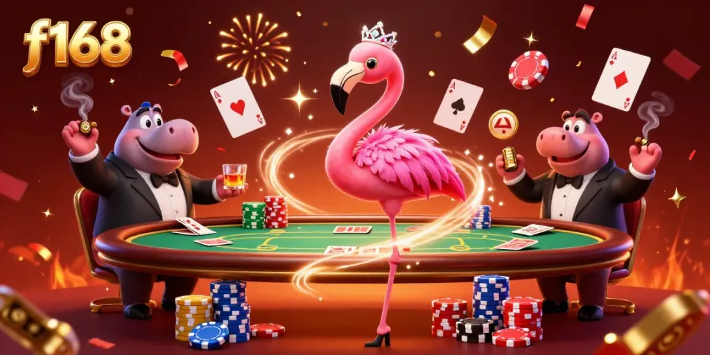 Engage in exciting gameplay at f168, where a flamingo singer and hippo bassist create a lively casino atmosphere.