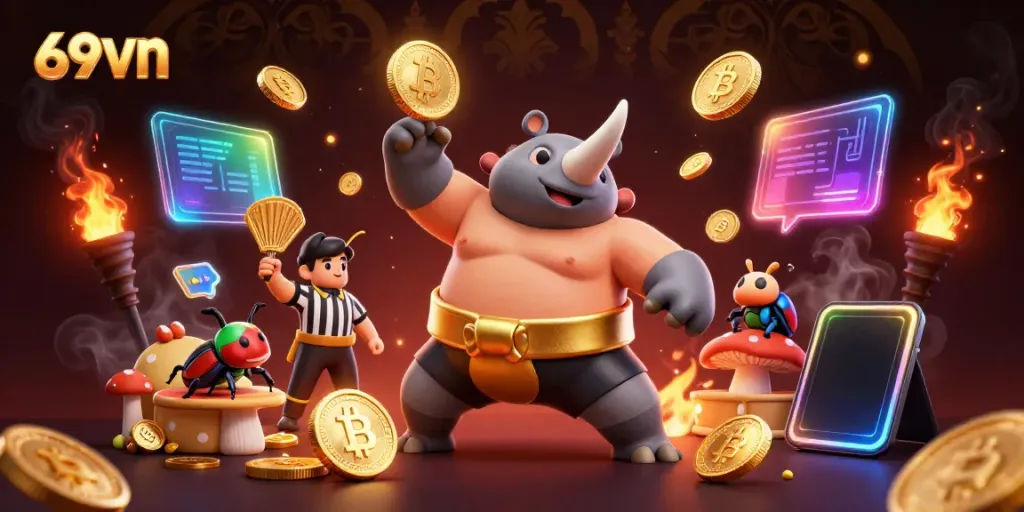 Courageously play at 69vn while the mighty sumo champion beetle triumphantly sends coins flying in the air.