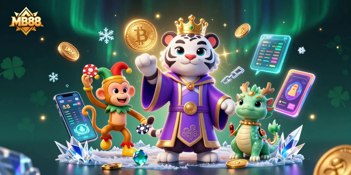 Engage with MB88, featuring a vibrant 3D scene of a royal tiger, playful monkey, and jade dragon in a captivating casino atmosphere.